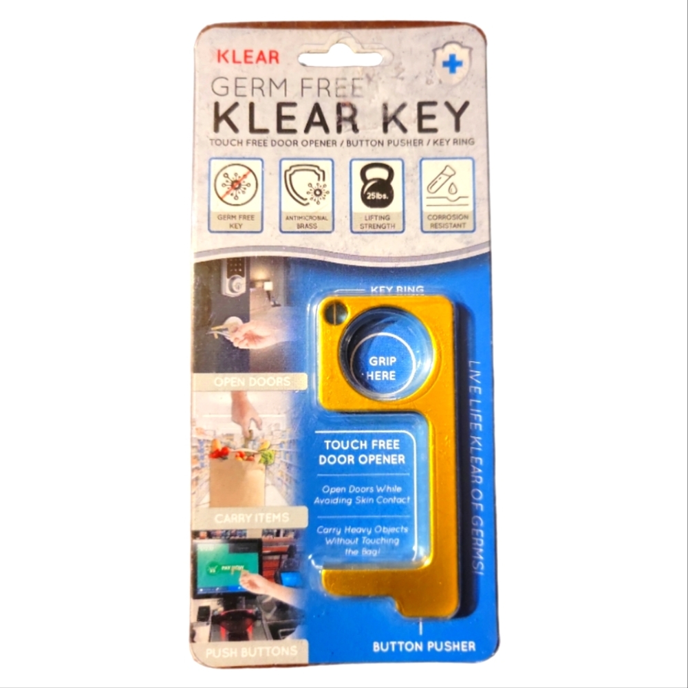 Germ Free Klear Key, Touch Free Brass Door Opener, Button Pusher - Key Ring